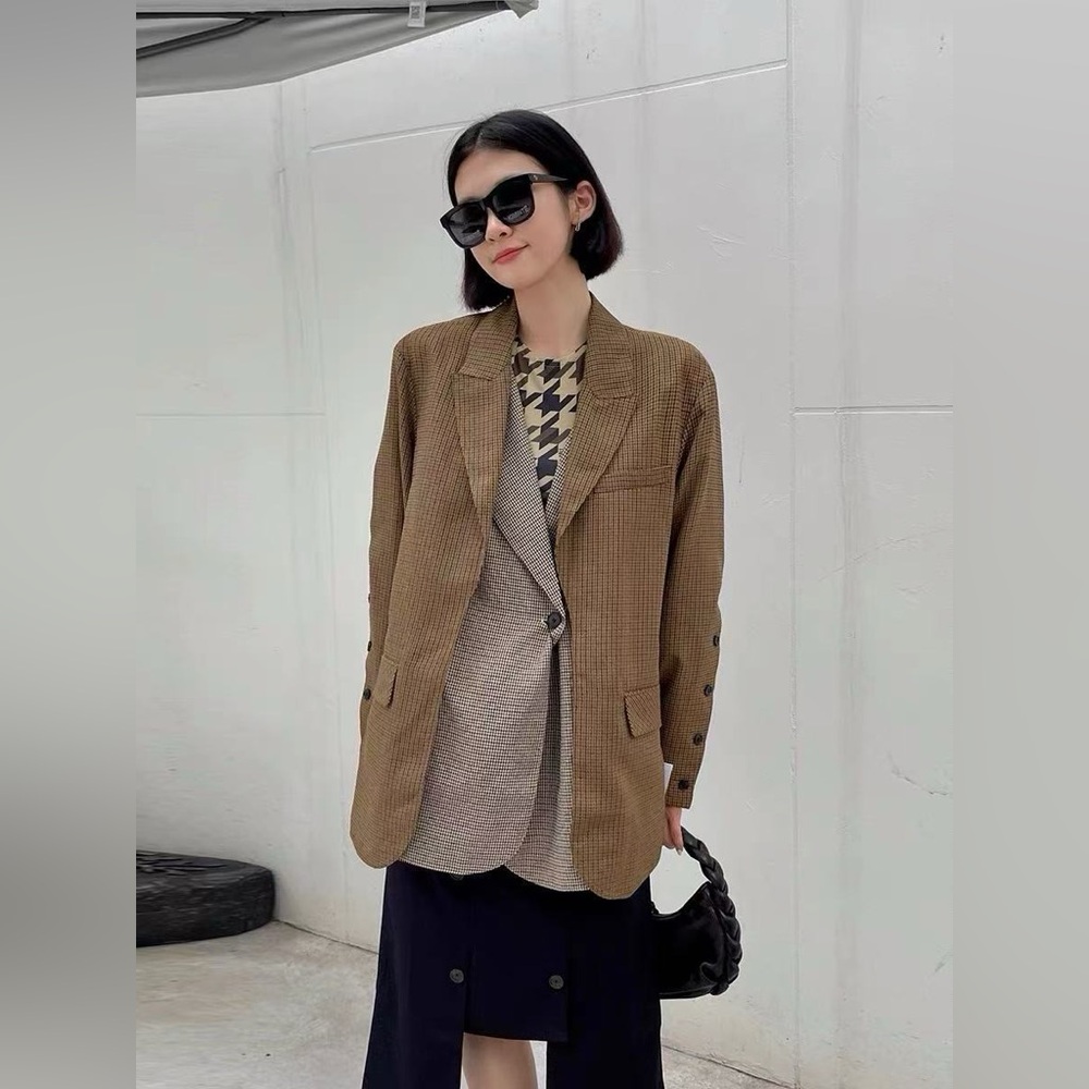 NWT $698 Rokh Double Layer Classic Brown Checkered Women's Blazer